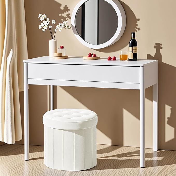 Folding Storage Ottoman Round 15Inch, Foot Stool with Thicker Foam Padded Seat Small Velvet Storage Ottoman Bench Foot Rest for Living Room Foldable Coffee Table,Beige