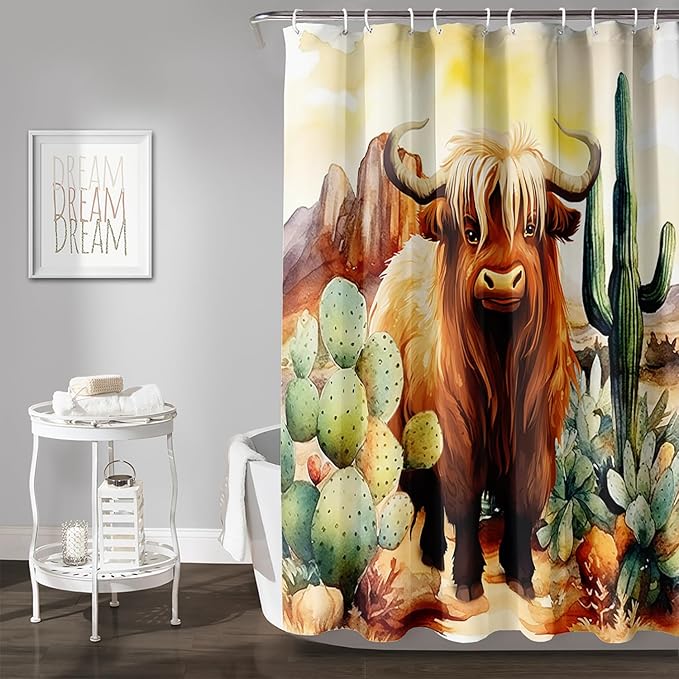 AILONEN Yak Shower Curtain Set, Desert Cactus Yak Polyester Waterproof Shower Curtain,Watercolour Sunset Warm Yellow Cloth Bath Curtain Set with Plastic Hooks,72" Wx84 H