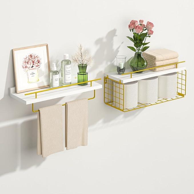 Fixwal 3-Tier Floating Shelves for Wall, Bathroom Shelves with Towel Rack & Wire Storage Basket, Modern White & Gold Shelves, 20 lbs Weight Capacity
