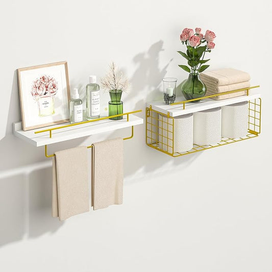 Fixwal 3-Tier Floating Shelves for Wall, Bathroom Shelves with Towel Rack & Wire Storage Basket, Modern White & Gold Shelves, 20 lbs Weight Capacity