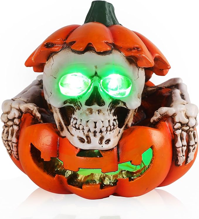 Halloween Skull Pumpkin Decor - Solar Powered Resin Skull & Pumpkin, Unique Garden Decor for Outside Yard Porch Lawn, Halloween Decorations Outdoor/Indoor