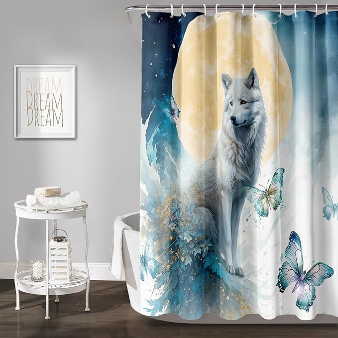 AILONEN 3D Printed Wolf Shower Curtain, Watercolor Floral Wolf Bath Curtain for Boys Girls Kids,Modern Minimalist White Waterproof Fabric Shower Curtain 48" W*72" H