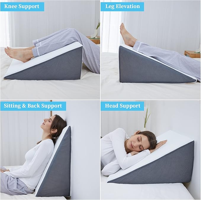 Bed Wedge Pillow for Sleeping, 8" 24" 24" Triangle Pillow Wedge, Cooling Memory Foam Top, Elevated Support Wedge Pillow - Removable Washable Cover