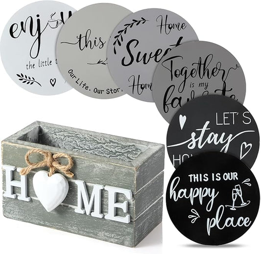 Queekay Housewarming Gifts for Home Decoration Wooden Heart Coasters for Drinks 6 Set Farmhouse Coasters with Holder Funny for Family Coffee Table Protection, 4''(Gray, Black)
