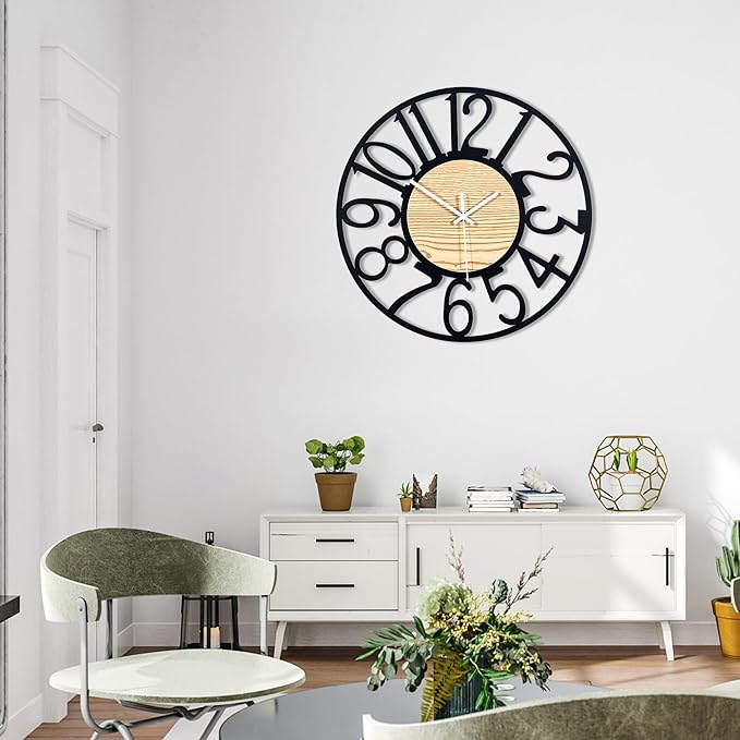 16inch/40cm Wall Clock for Living Room Vintage Silent Classroom Battery Clocks for Bathroom Bedroom Office Cafe Decoration (Wooden Arabic Numerals, 16 inches)