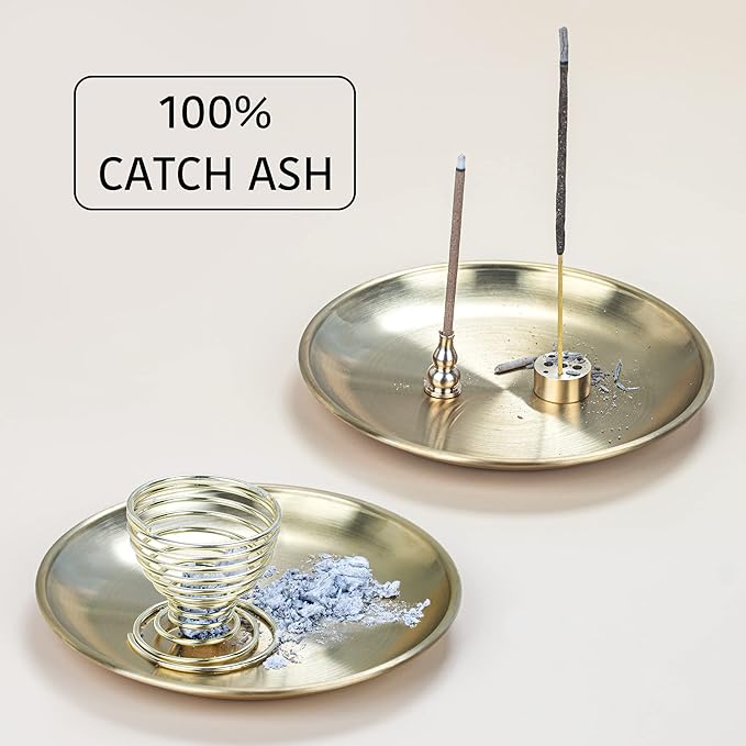 ZenBless 5 in 1 Incense Burner, Palo Santo Holder, Sage Holder, Incense Holder for Incense Sticks/Coil Incense/Incense Cones, 5.5 inches Brass Ash Catcher for Meditation Yoga Room (Gold_2pcs)