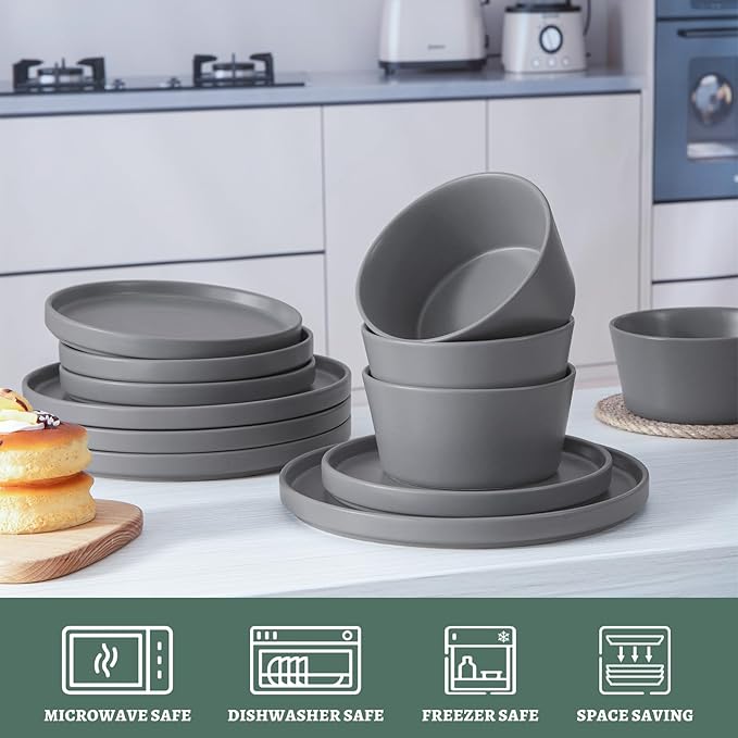Asrug 12-Piece Plates and Bowls Sets,Ceramic Dinnerware Sets for 4, Chip Resistant and Scratch Dish Set, Dining Dinner Porcelain Dishware, Microwave and Dishwasher Safe (Gray)