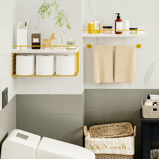 Fixwal 3-Tier Floating Shelves for Wall, Bathroom Shelves with Towel Rack & Wire Storage Basket, Modern White & Gold Shelves, 20 lbs Weight Capacity