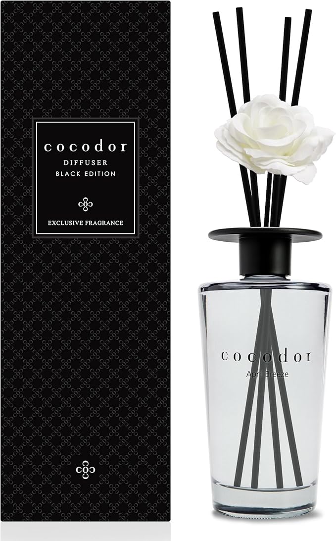 COCODOR White Flower Reed Diffuser / April Breeze / 1 Pack / Home & Office Decor Aromatherapy Diffuser Oil Gift Set / Large Size, Large Capacity, Big Size Diffuser, Black Edition/16.9Ounce(500 ml)