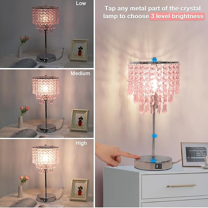 Crystal Touch Control Table Lamp with Dual USB Charging Ports, 3 Way Dimmable Bedside Lamp with Pink Shade, Decorative Nightstand Lamp for Girls Bedroom, Living Room, Office, B11 LED Bulb Included
