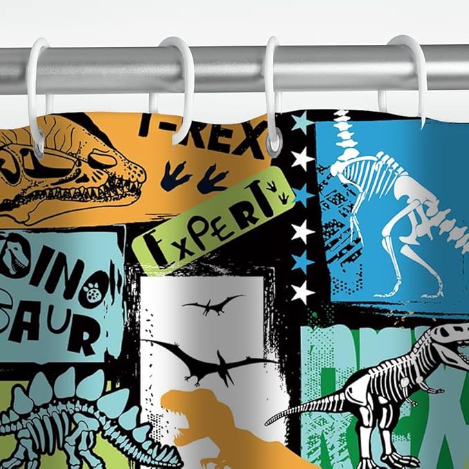 MEHOFOND Dinosaur Shower Curtain Funny Dino for Kids Boys Black Shower Curtain Plant Leaf Jungle Cartoon Colorful Bathroom Decor with Hooks Waterproof Fabric 72x72 inch
