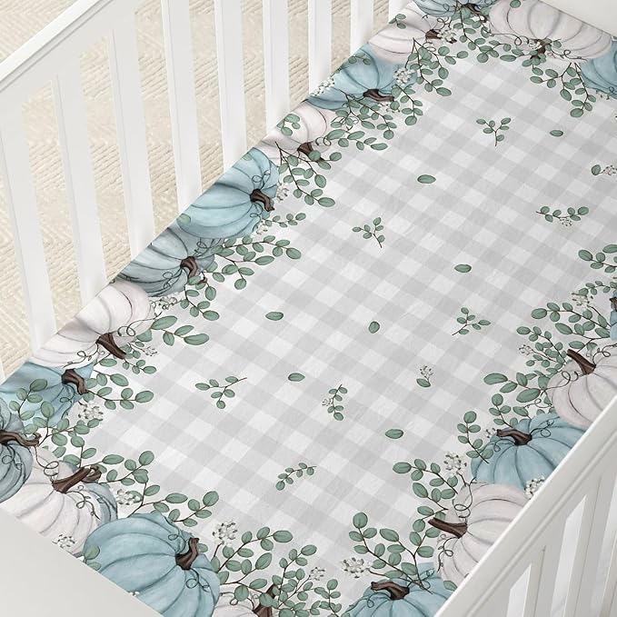 Horaldaily 2 Pack Fitted Crib Sheet for Boys Girls,Soft Breathable Washable Jersey Microfiber Baby Crib Sheet, Fits Standard Size Crib Mattress 28in x 52in, Floral Pumpkin Nursery Sheet White/Blue