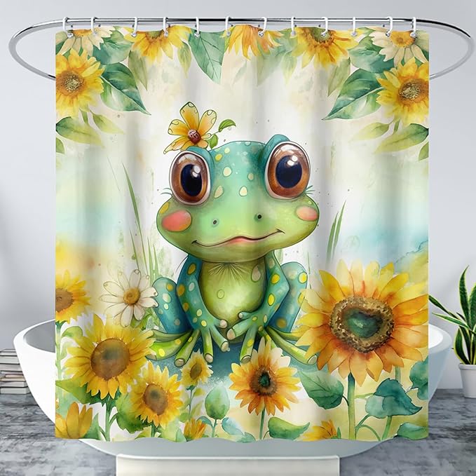 AILONEN Cartoon Green Frog Shower Curtain,Watercolor Sunflower Shower Curtain,Cute Kawaii Frog Curtain for Kids Girls Boys,Yellow Flower Animal Frog Print Waterproof Bath Curtain 36" W x 72" H