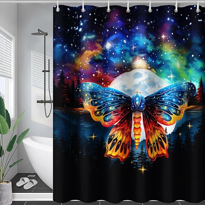 AILONEN Colorful Moth Shower Curtain,Galaxy Moon Moth Bath Curtain for Bathroom Decor,Polyester Waterproof with 12 Plastic Hooks 72" W*84" H