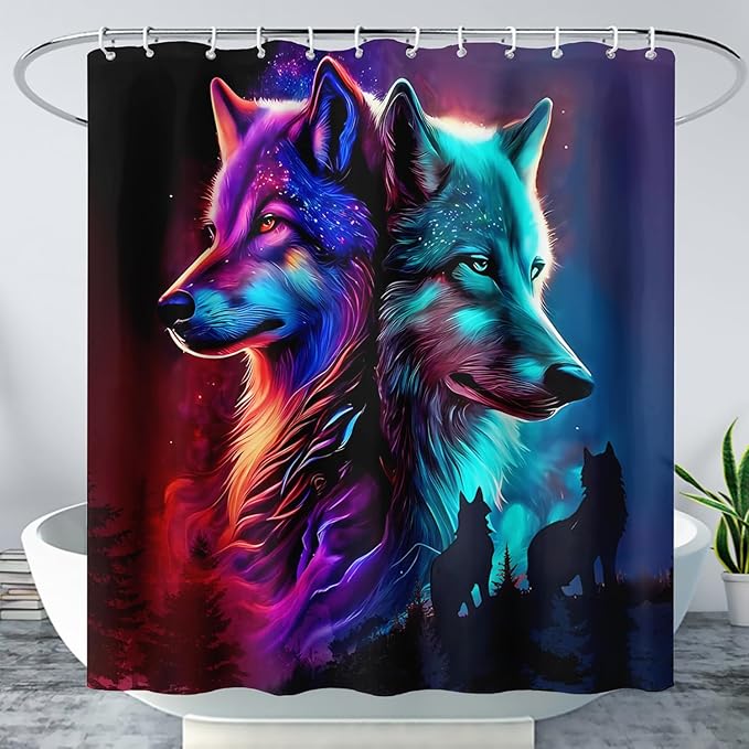 AILONEN Wolf Shower Curtain,Evening Howling Wolf Bath Curtain for Bathroom Decor,Wildlife Shower Curtain for Teens,Polyester Waterproof with 12 Plastic Hooks 60" W*72" H