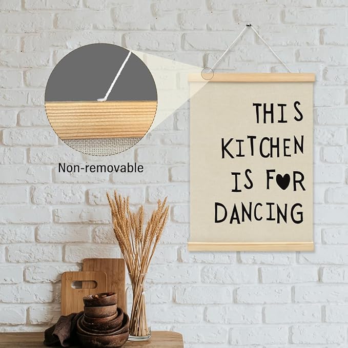 BIWSHA Cute Kitchen Canvas Poster Framed Hanger 12x16 Inch, Funny Black Kitchen Quotes Decor This Kitchen Is For Dancing Poster Framed with Wood Hanger，Kitchen Dining Room Decor