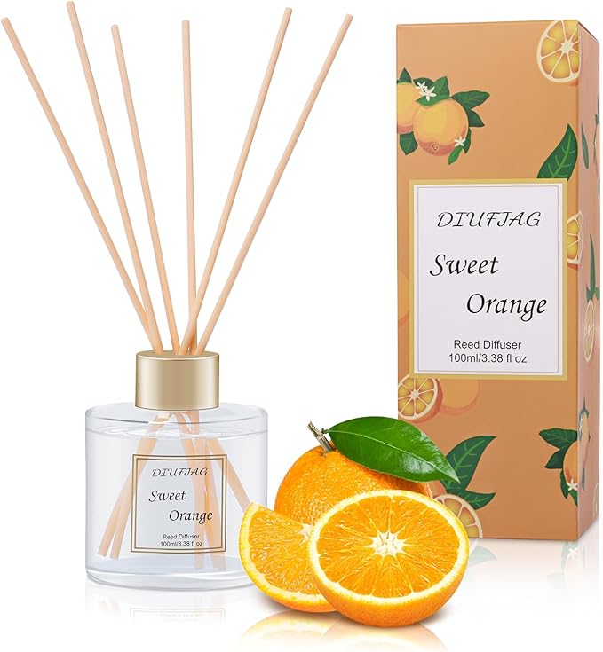 100ml Scent Diffuser with 6 Fiber Sticks, 3.5 oz Reed Diffuser Set Aromatherapy Fragrance Diffusers Air Fresheners for Home Bedroom Bathroom (Orange)