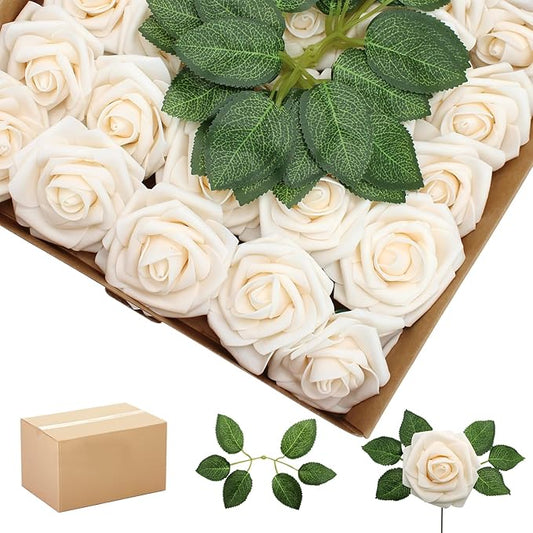 200PCS Artificial Flowers Champagne Roses Real Looking Foam Fake Roses with Leaves and for DIY Wedding Bouquets Bridal Shower Centerpieces Party Decorations (Champagne, 200)