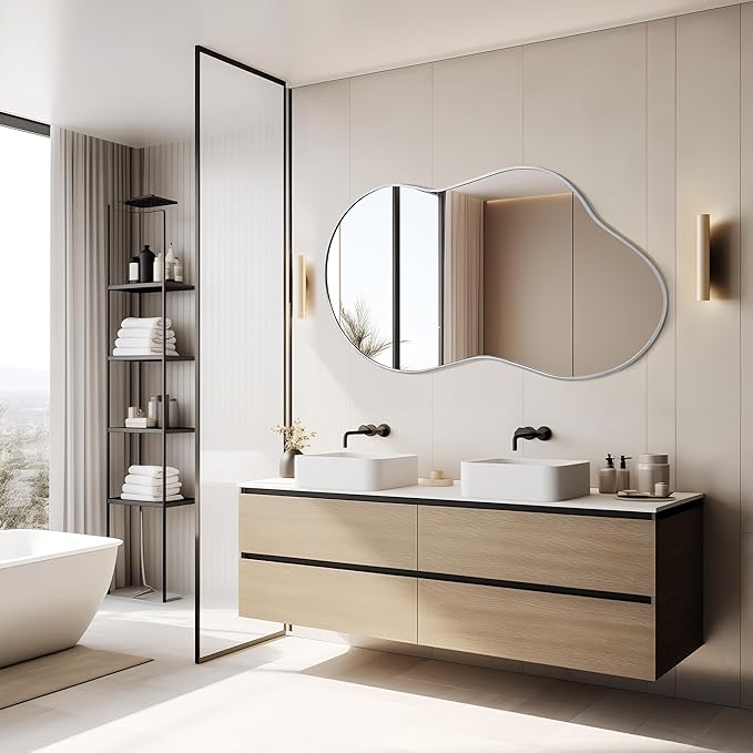 Bathroom Mirror - Silver Irregular Wall Mirrors Decorative 26"x46" Asymmetrical Tempered Glass Aviation Aluminum Alloy Frame for Vanity, Bedroom, Living Room, Cloakroom, Entryway