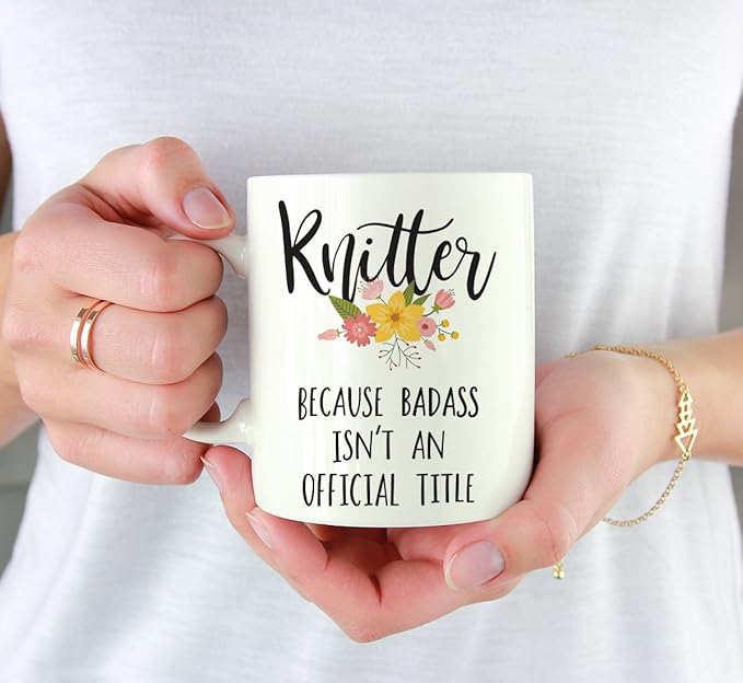 Andaz Press 11oz. Coffee Mug Gag Gift, Knitter Because Badass Isn't an Official Title, Floral Graphic, 1-Pack