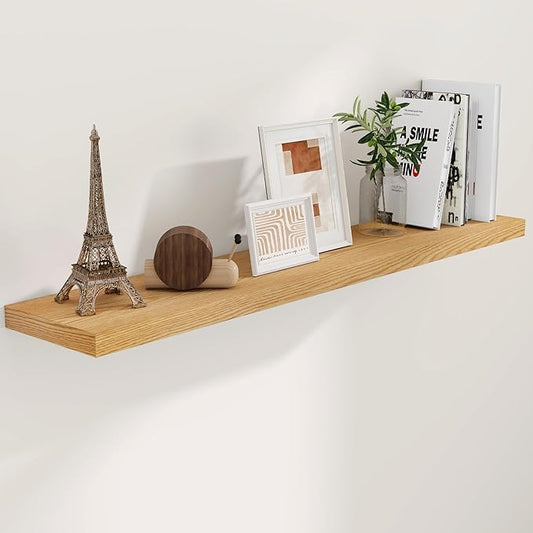 Fun Memories 55 Inch Oak Floating Shelves, 9.3 Inch Deep Wall Mounted Floating Shelf, 55 x 9.3 Large Storage Wall Shelf for Living Room, Floating TV Stand, Farmhouse Rustic 55" Long Fireplace Mantel