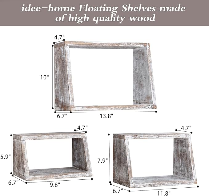 idee-home Bathroom Floating Shelves for Wall, Wood Farmhouse Decorative Wall Mounted Hanging Shelves for Kitchen Bedroom Living Room, Rustic White, Set of 3