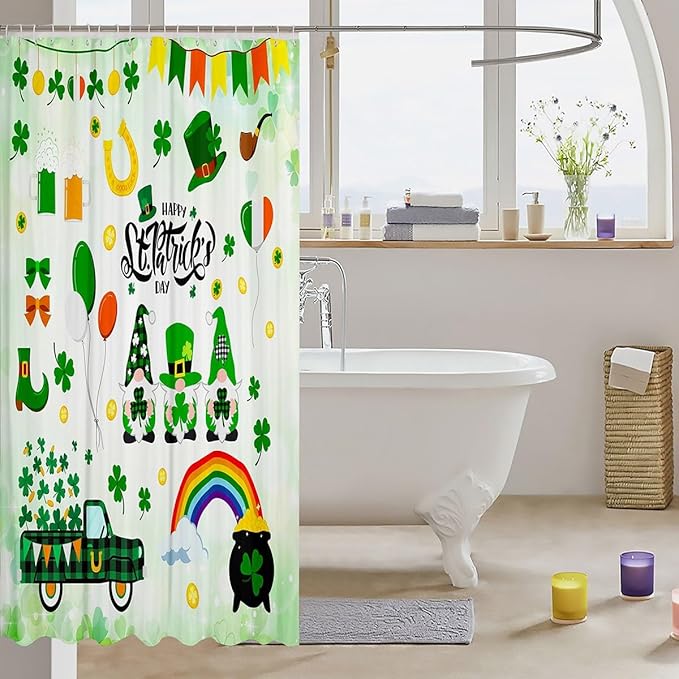 Manfei Happy St. Patrick's Day Kids Shower Curtains,Cartoon Gnomes Truck Leaves Rainbow Bathroom Curtains for Girls Boys,Irish Flag Holiday Green Cute Waterproof Curtains,12 Hooks Suits,72" W x 84" L