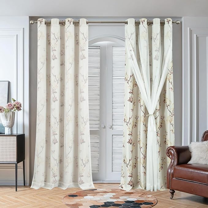 VOGOL Beige Blackout Curtains with Tulle Overlay, 2 Layered Flower Print Cloth Curtain Privacy Drapes for Living Room, Grommet Window Treatment for Bathroom, 52 x 96, 2 Panels