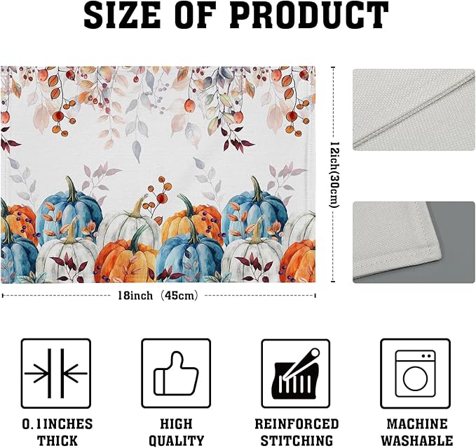 Fall Placemats for Dining Table Set of 4, Autumn Pumpkins Leaves Thanksgiving Harvest Washable Cloth Farmhouse Decorative Kitchen Table Mats 12x18 Inch for Seasonal Home Party Outdoor