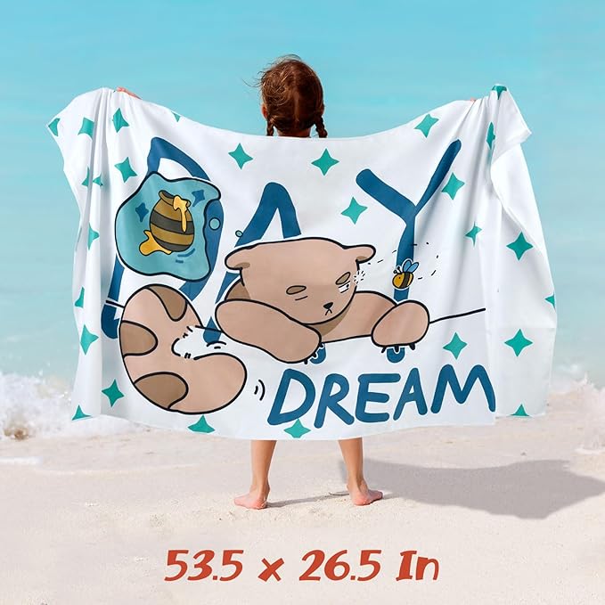 Kids Beach Towel - Cute Day Dream Bear Design, Soft and Absorbent, Perfect for Bath, Pool, and Beach - Embrace Playful Imagination and Comfort