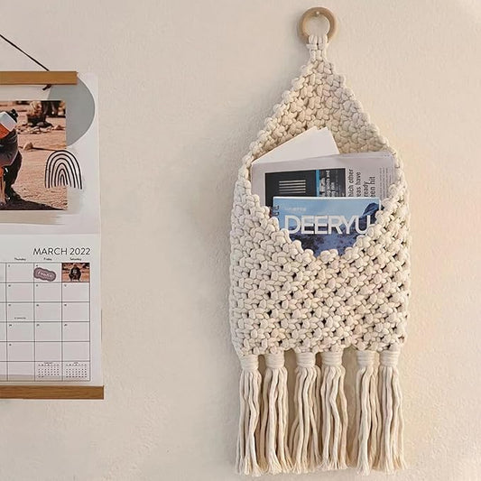 Macrame Mail Organizer Wall Mounted, Handmade Hanging Woven Basket for Boho Home Office Decor, Over the Door Key Letter Envelope File Holder for Entryway Hallway, White