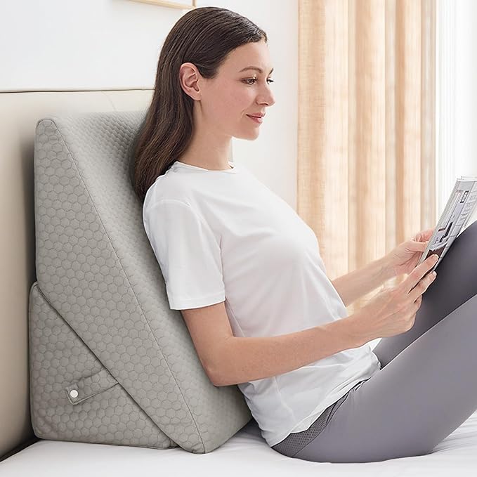 Sasttie Wedge Pillow for Sleep Apnea, 12 Inch Bed Wedge Pillow for Back Pain Relief, Adjustable Memory Foam Pillow Wedges for Sleeping Acid Reflux, Shoulder Pain Relief and Snoring, Light Grey