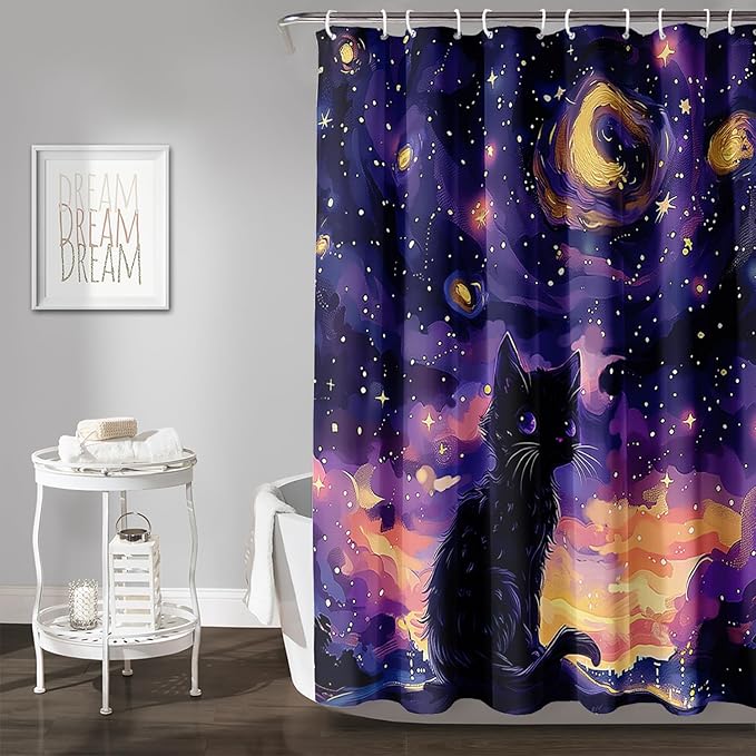 AILONEN Black Cat Shower Curtain,Cartoon Mother Son Kitten Shower Curtain Set for Kids Boys Girls,Boho Style Starry Night Shower Curtain with Hooks for Bathroom,60" W*72" H