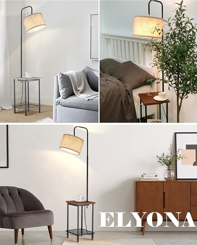 ELYONA Industrial Table Floor Lamp, Solid Wood End Table lamp with USB Type-C Charging Port & Power Outlet, Side Table Shelf Tall Pole Standing Light for Living Room,Bedroom,LED Bulb Included, Brown