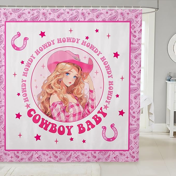 Manfei Western Cowgirl Kids Shower Curtains,Cowboy Horseshoes Stars Geometric Patchwork Bathroom Curtains for Girls Women,Paisley Boho Pink Romantic Waterproof Curtains,12 Hooks Suits,72" W x 78" L