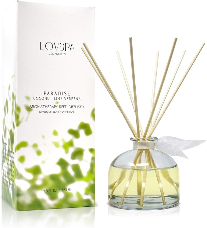 LOVSPA Coconut Lime Verbena Scented Reed Sticks Diffuser Set - Paradise by LOVSPA Fragrances - Tropical Blend of Lemon Verbena, Fresh Limes & Coconut - Made in The USA