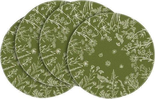 Artoid Mode Antique Herbs and Wild Flowers Spring Round Placemats Set of 4, 14 Inch Summer Round Table Mats for Dining Decoration