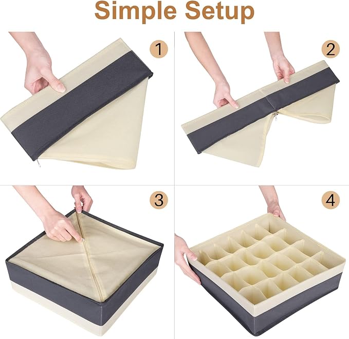 Drawer Organizer Divider, Foldable Closet Storage Organizer Basket, and Fabric Organization Bins for Clothes, Socks, Underwear, Bras, Ties, Accessories, 4 Pcs (Beige & Dark Grey)