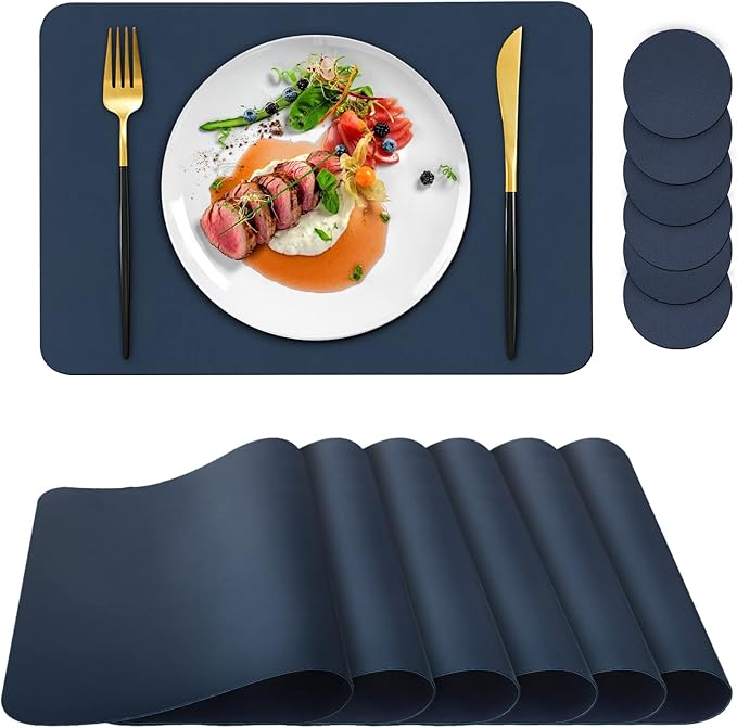Bacgnyer Placemats Set of 6, Placemat with Coasters Heat Stain Scratch Resistant Non-Slip Waterproof Oil-Proof Washable Wipeable Outdoor Indoor for Dining Patio Table Kitchen Decor and Kids (Blue 6)