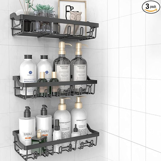 3 Pack Shower Caddy, Adhesive Shower Organizer for Bathroom Storage, Rustproof Stainless Steel Shower Shelves, No Drilling, Large Capacity Shower Rack Shelf for Inside Shower, Black