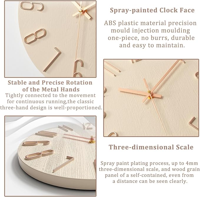 Wall Clock - 12-inch Silent Non-Ticking Battery Powered Decorative Clock, Simple Minimalist Style and Modern Home Wall Clock,for Bedroom,Living Room,Kitchen,Home Office (Beige)