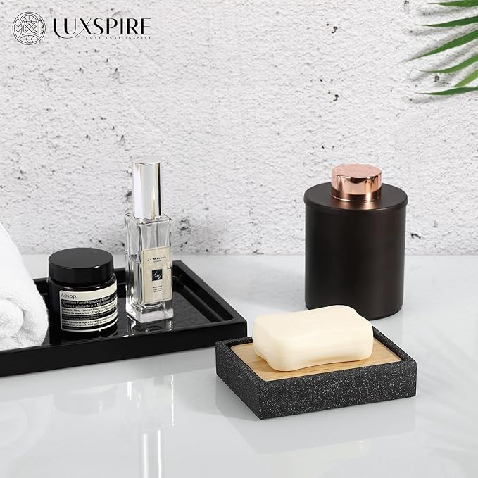 Luxspire Resin Soap Dish, Sponge Holder with Bamboo Board, Storage Tray with Double Layers for Storing Candle, Container in Bathroom, Kitchen, and Toilet - Black Sand