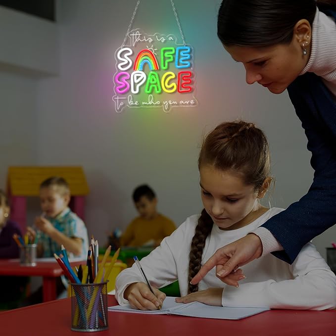 Retisee 13x13 Inches Safe Space Neon Sign This Is a Safe Space to Be Who You Are LED Neon Sign Dimmable Light up for Classroom Therapy Office Home Room Wall Decor