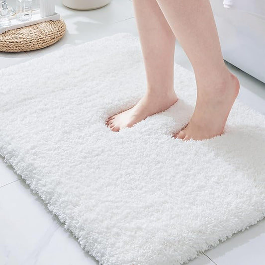 ILANGO White Bathroom Rugs 36" × 24" Non Slip & Super Absorbent Extra Thick Soft, Washable Bath Mat for Floor, Non Shedding Microfiber Plush Shaggy Bath Rug with Rubber for Bathtub Shower Room Sink