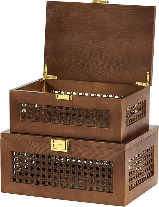 2PCS Decorative Rattan Storage Boxes Solid Wood Baskets Bins with Lid Keepsake Memory Jewelry Box Natural Boho Shelf Wicker Closet Desk Organizer Container (Walnut, 1 Large 1 Small)