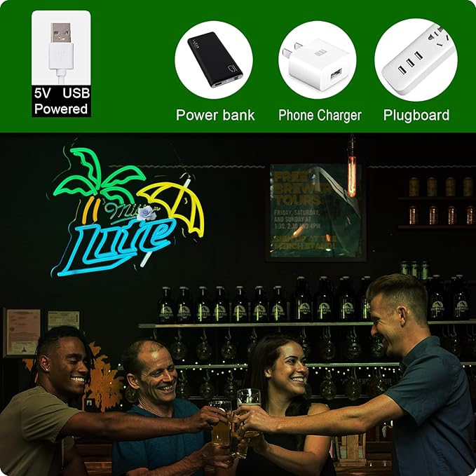 Beer M Neon Sign Beer Bar Led Light Palm Tree Neon Sign for wall decor USB Powered Dimmable Bar Wall Decor for Man Cave Home Pub Party Club Gifts (15.7x12.6 Inch)