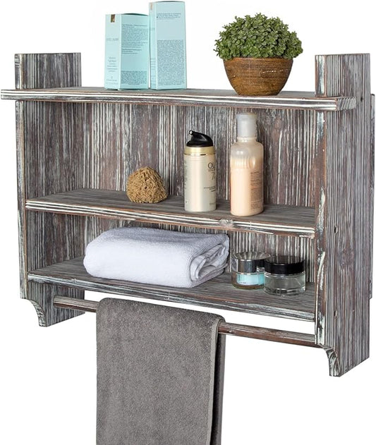 MyGift 3 Tier Wall Mounted Rustic Torched Wood Bathroom Storage Shelves, Wooden Floating Shelf Toilet Paper Holder Rack with 23 Inch Wide Towel Hanging Bar