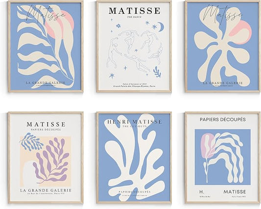 Habseligkeit Blue Matisse Wall Art Prints, Retro Abstract Posters for Girls Room Aesthtic, Girls Dorm Wall Decor Set of 6, 8x10 in