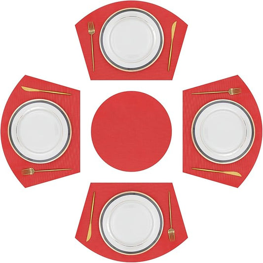 SHACOS Large Size Wedge Shape Placemats with Centerpiece Round Mat Set of 5 Round Table Place Mats Washable Dining Table Placemats Reversible, Red