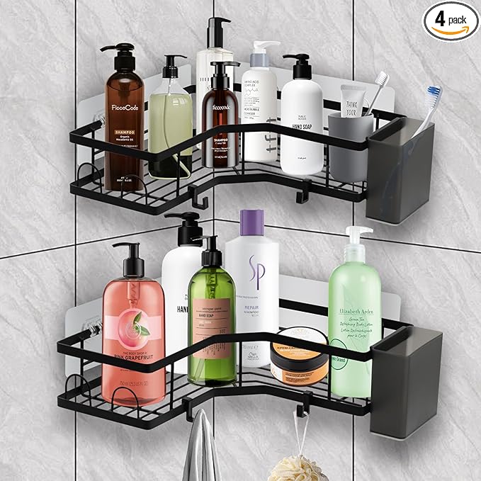 Adhesive Corner Shower Caddy, 2 Packs Shower Organizer Shelves No Drilling Stainless Steel Shower Storage Rack with Hooks & 2pcs Toothpaste Holders for Bathroom Rustproof, Space Saving (Black 4pcs)